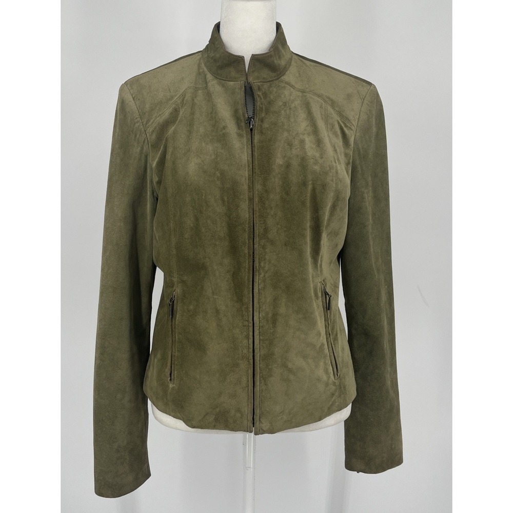 Valerie Stevens Women's M Suede Leather Moto Jacket Autumn Green Full Zip Lined